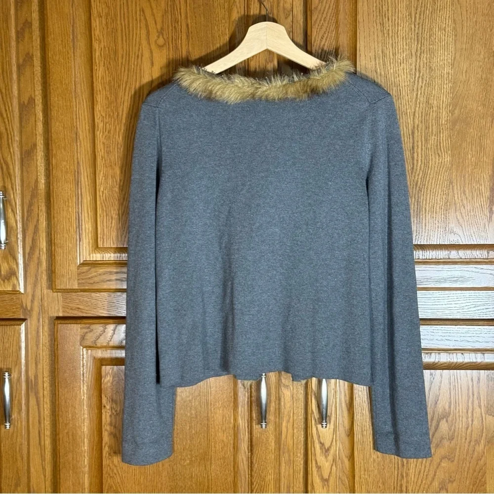 Chico’s Faux Fur Trim Gray Cardigan‎ Sweater Jacket Open Front Size 2 (L/XL)
